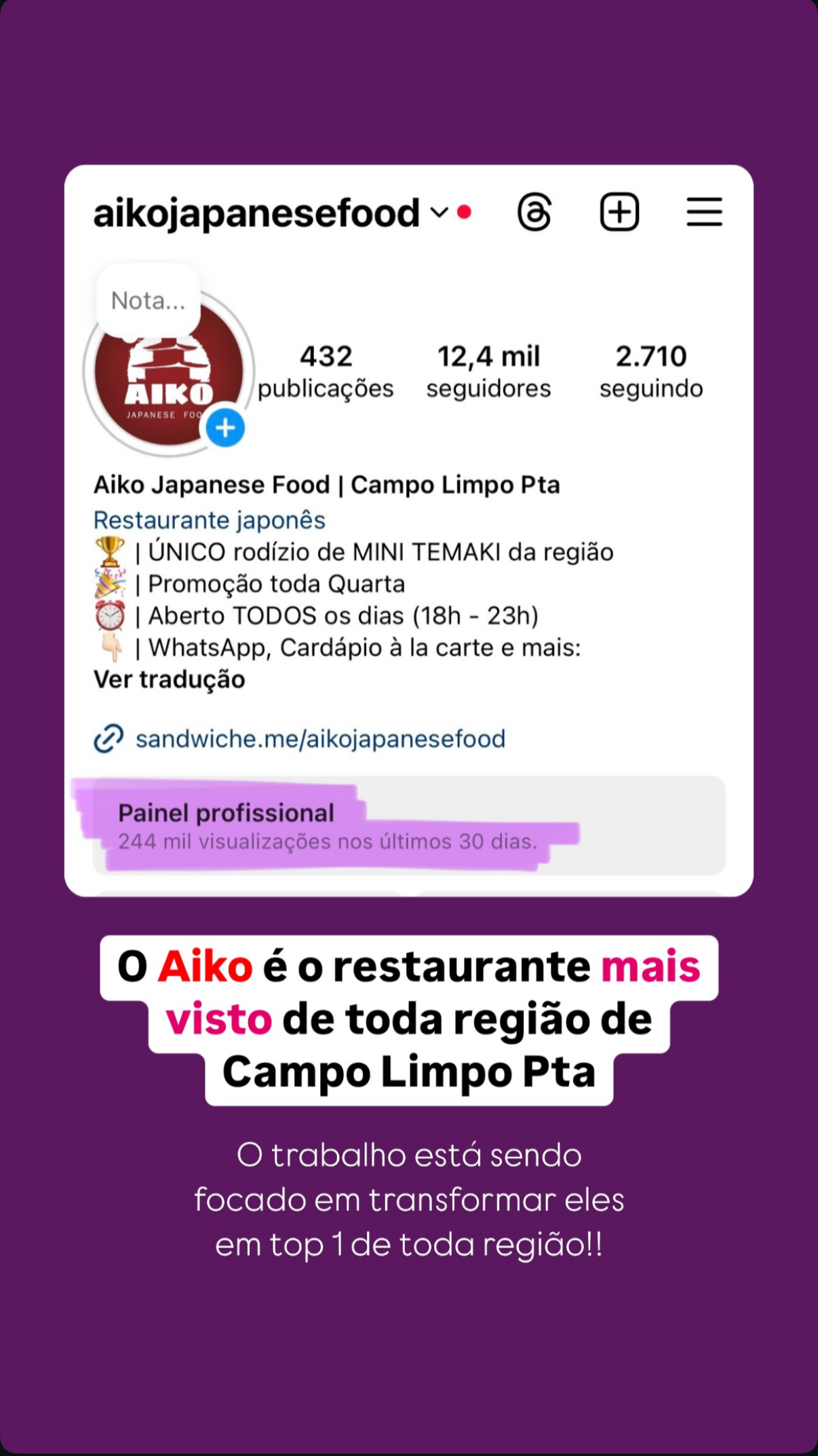 Aiko Japanese Food: 12,4 mil seguidores e 244 mil visualizações nos últimos 30 dias