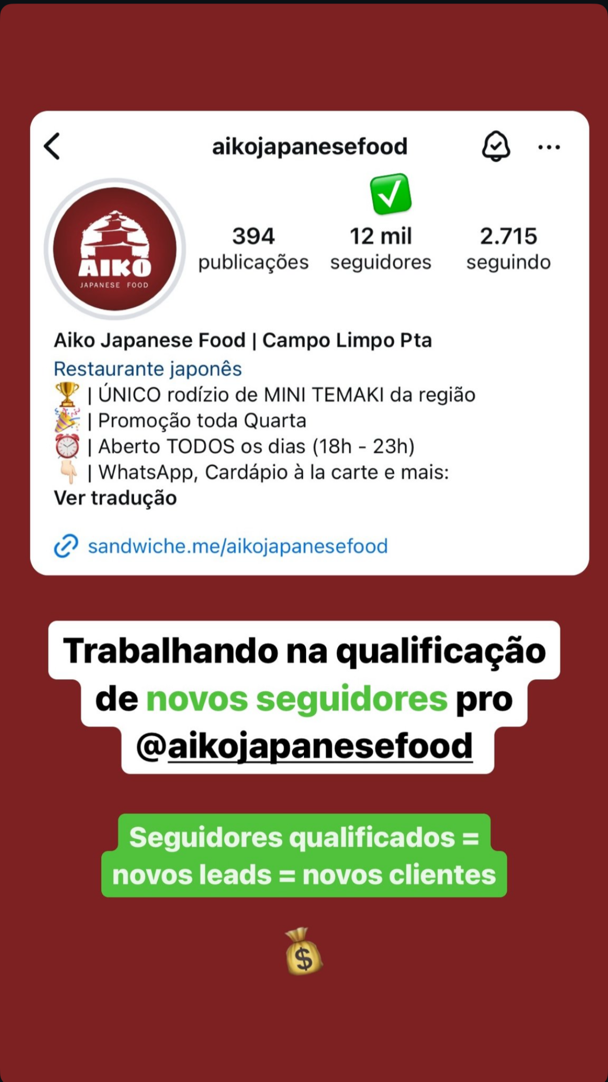 Perfil do Aiko Japanese Food com 12 mil seguidores