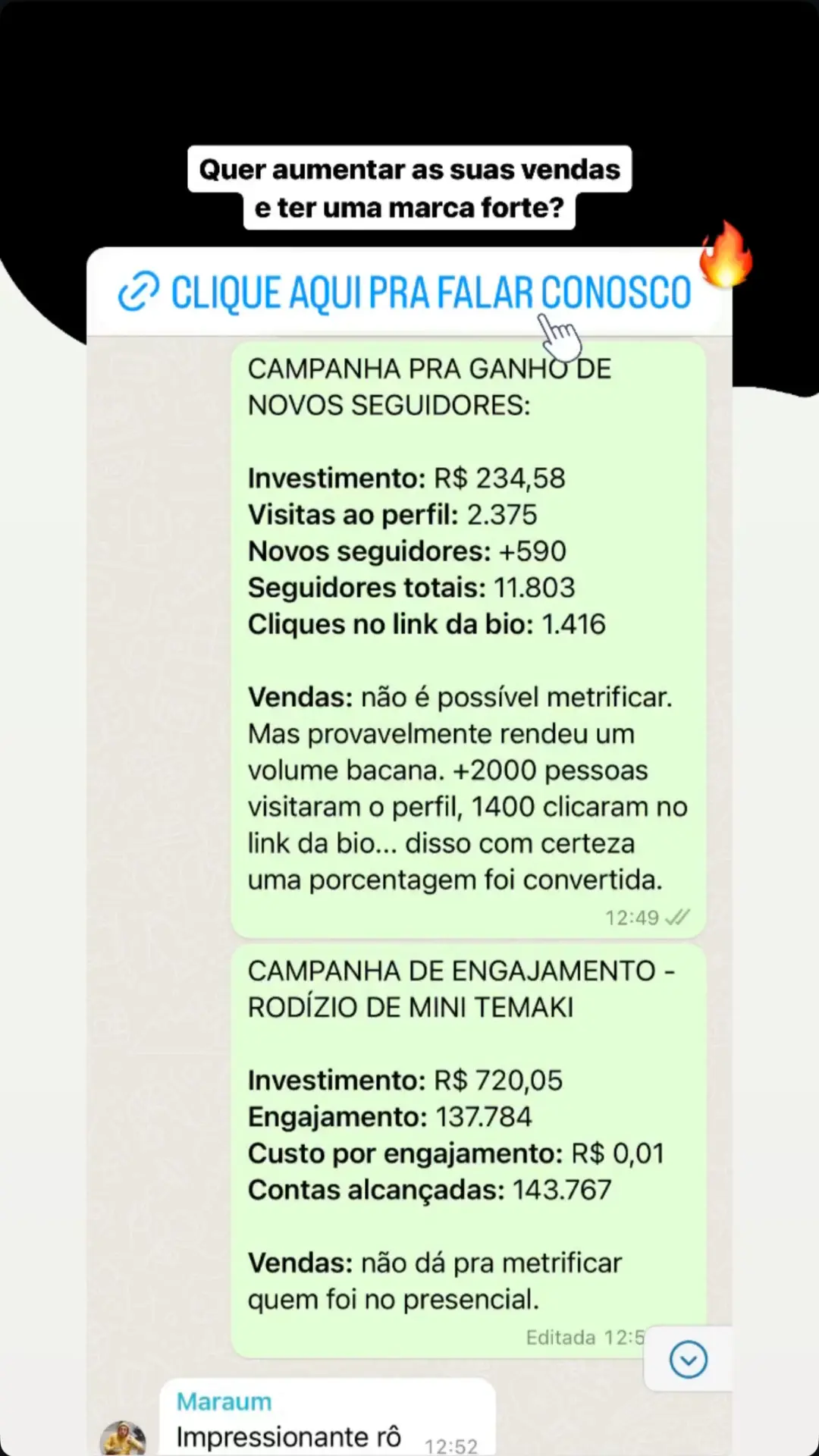 Resultados de campanhas de seguidores e engajamento