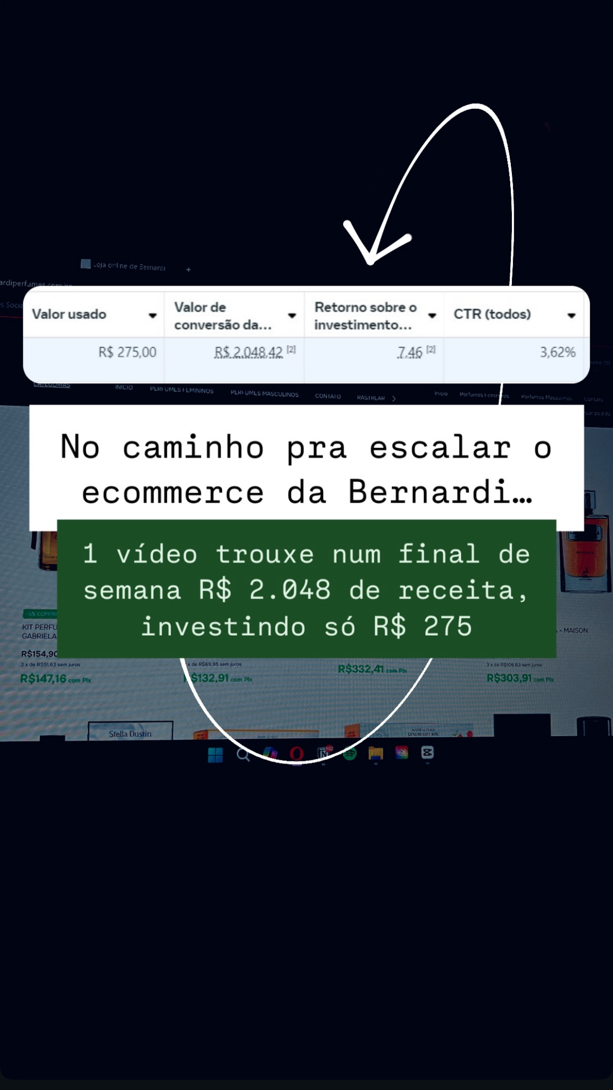 Ecommerce Bernardi: 1 vídeo gerou R$ 2.048 de receita investindo R$ 275