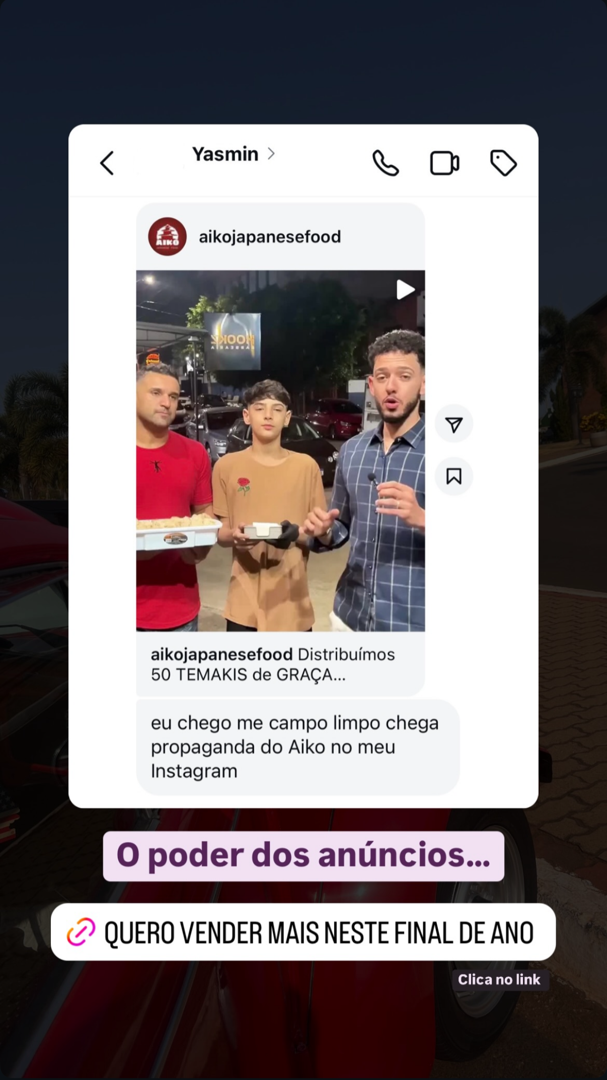 Cliente relatando os anúncios do Aiko chegando no Instagram